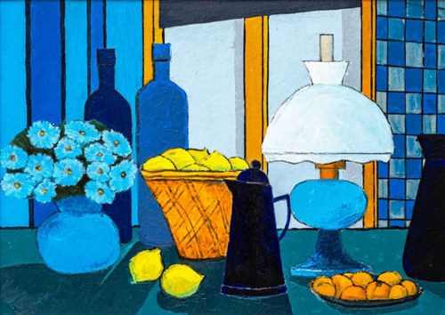 Living room painting by Michał Ostaniewicz titled Still life with a kerosene lamp and a basket of lemons