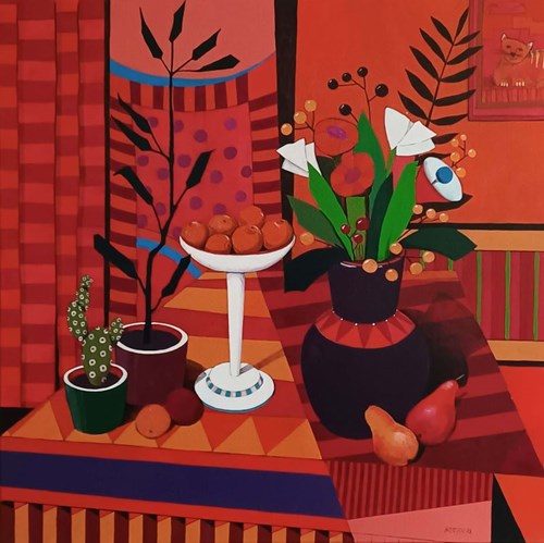 Living room painting by Michał Ostaniewicz titled Still life with a portrait of a cat in the background