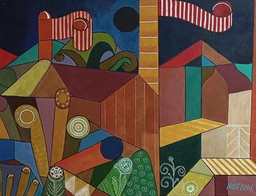 Living room painting by Michał Ostaniewicz titled Landscape with flags by Paul Klee