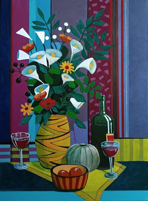 Living room painting by Michał Ostaniewicz titled Summer Evening with Flowers