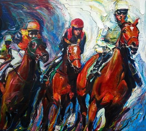 Living room painting by Paweł Polisiak titled The race in Ascot