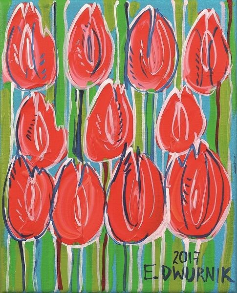 Living room painting by Edward Dwurnik titled Red tulips