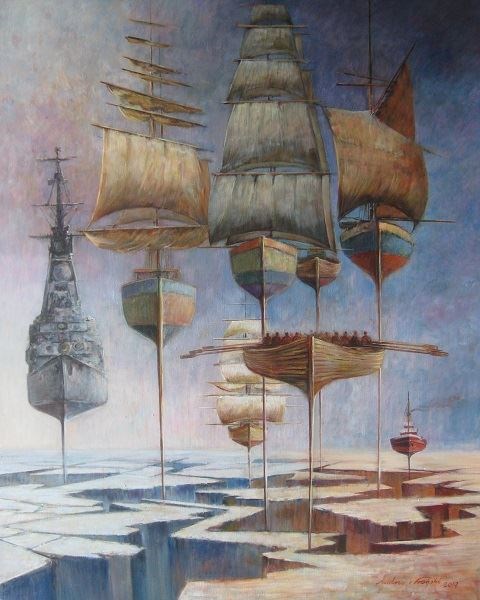 Living room painting by Andrzej Wroński titled ships