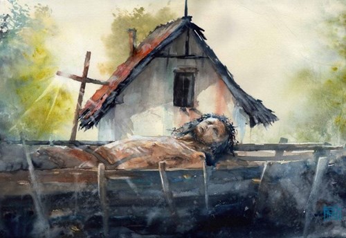 Living room painting by Radosław Kuźmiński titled The Last Pilgrimage to Zaborek