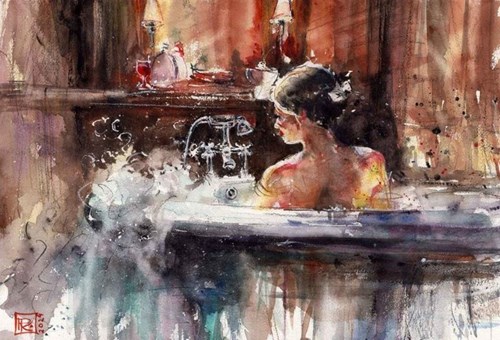 Living room painting by Radosław Kuźmiński titled Eliza in the bath