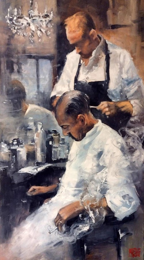 Living room painting by Radosław Kuźmiński titled Barber