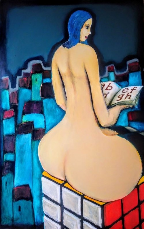 Living room painting by Miro Biały titled Reading Nude