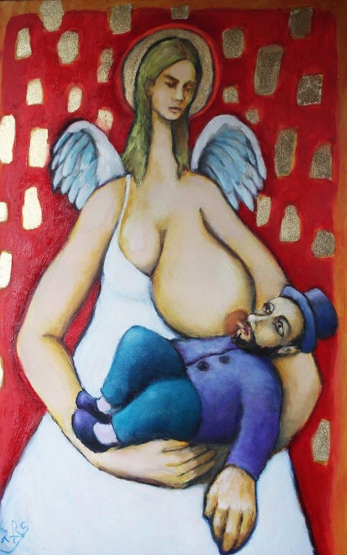 Living room painting by Miro Biały titled Metathrone, an Angel Breastfeeding a Child