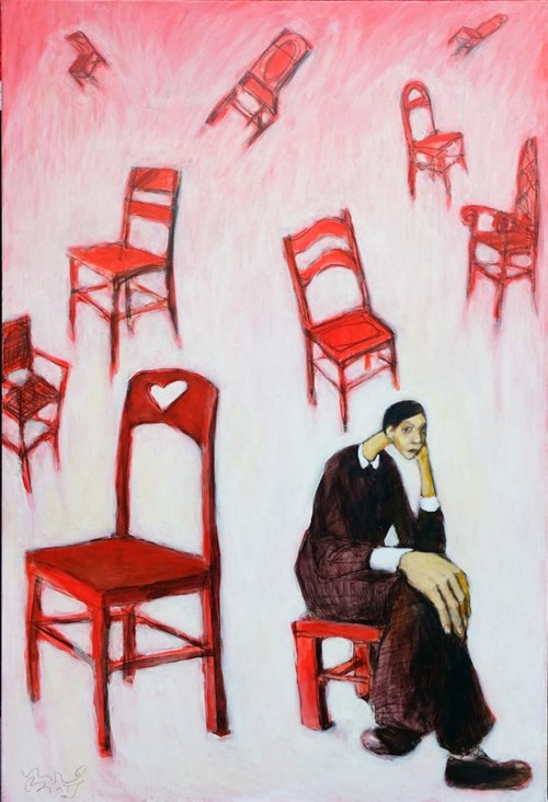 Obraz do salonu artysty Miro Biały pod tytułem Tyle krzeseł do wyboru... ale wszystkie czerwone