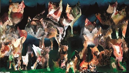 Living room painting by Barbara Kozaczkiewicz titled wolves