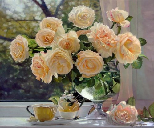 Obraz do salonu artysty Zbigniew Kopania pod tytułem Róże w szklanym wazonie
