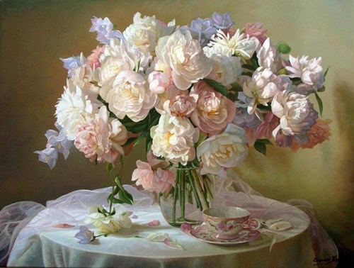 Living room painting by Zbigniew Kopania titled Still Nature With Peonies and Pink Tulle