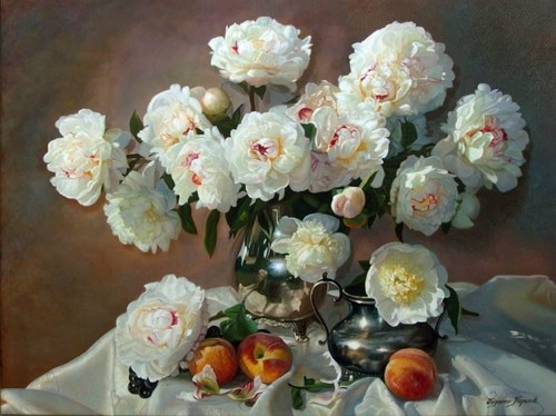 Living room painting by Zbigniew Kopania titled Still Life With Peonies and Peaches