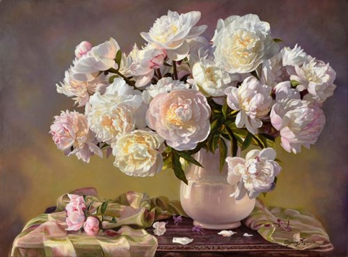 Living room painting by Zbigniew Kopania titled White Peonies