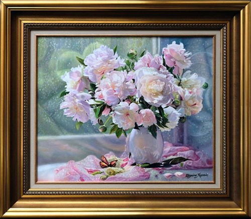 Living room painting by Zbigniew Kopania titled Peonies and the butterfly