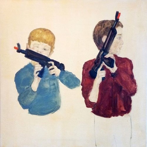 Living room painting by Dorian Karolak titled Boys with rifles
