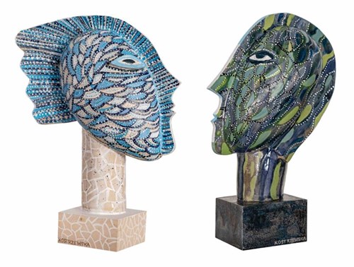 Rzeźba do salonu artysty Maria Kostrzewska-Baron pod tytułem Duet Głowy-Ryby (dwie)
