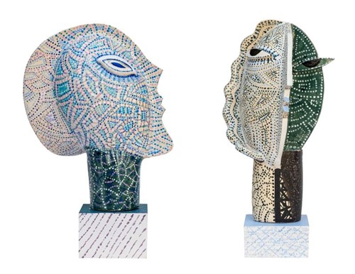 Living room sculpture by Maria Kostrzewska-Baron titled Cubist head I and II (duo)