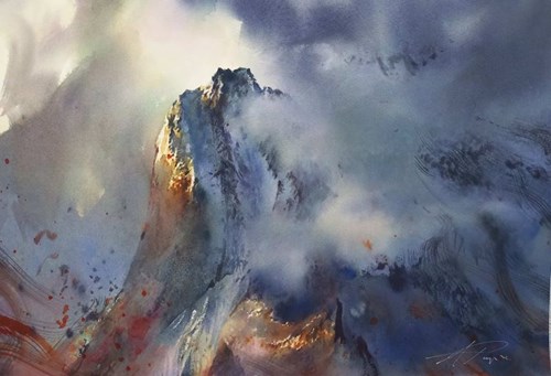 Living room painting by Adam Papke titled Majesty of Mountains, Clouds, Iron