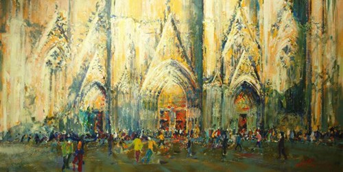 Living room painting by Adam Papke titled Cologne Cathedral Before