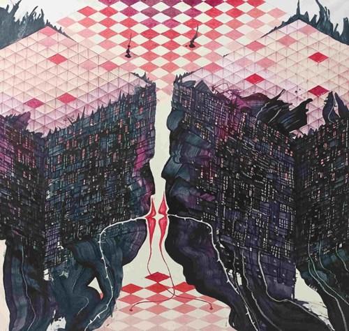 Living room painting by Andrzej Ciołek titled External Relations I