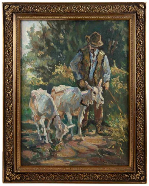 Living room painting by Jerzy Potrzebowski titled Mountainer With Goats