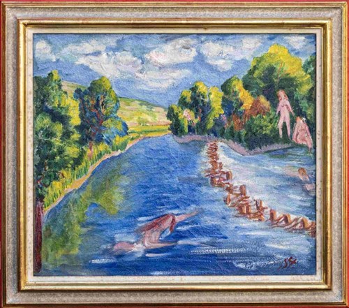 Living room painting by Stanislaus Stückgold titled River, early 20th century