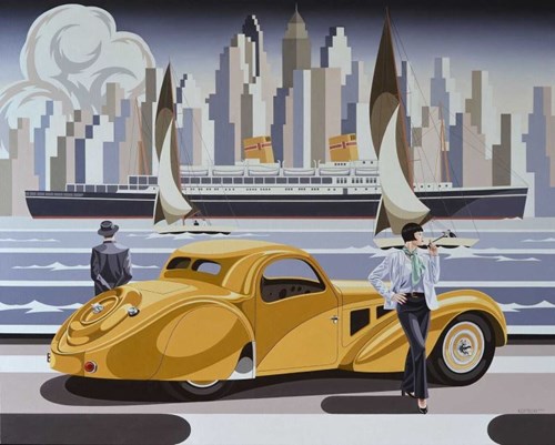 Living room painting by Tomasz Kostecki titled Women and the Yellow Bugatti