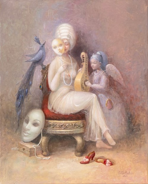 Living room painting by Olena Matsehora titled Muse and angel