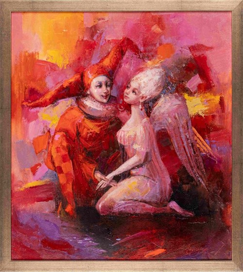 Living room painting by Olena Matsehora titled Jester and angel