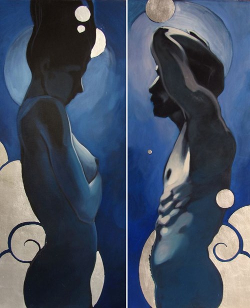 Living room painting by Jakub Godziszewski titled Woman and Men from "Elements" series (diptych)