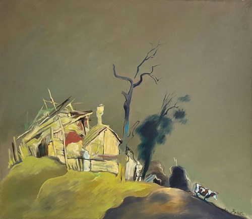 Living room painting by Krzysztof Bucki titled House on Hill I