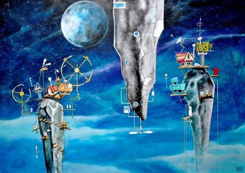 Living room painting by Dariusz Franciszek Różyc titled Oumuamuas (from the Not So Distant Series)
