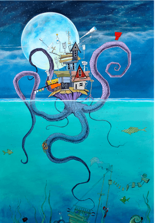 Living room painting by Dariusz Franciszek Różyc titled Kraken's Island
