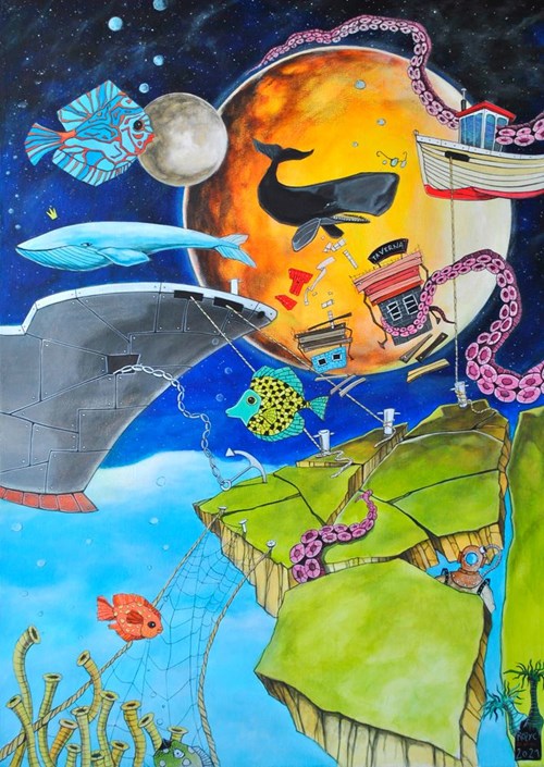 Obraz do salonu artysty Dariusz Franciszek Różyc pod tytułem Tawerna pod błękitnym wielorybem