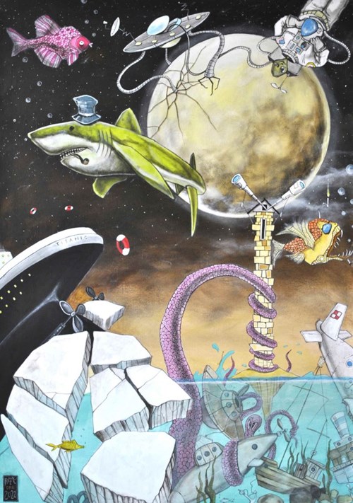 Obraz do salonu artysty Dariusz Franciszek Różyc pod tytułem Opowieści zielonego rekina z cyklu Nie tak odległe...