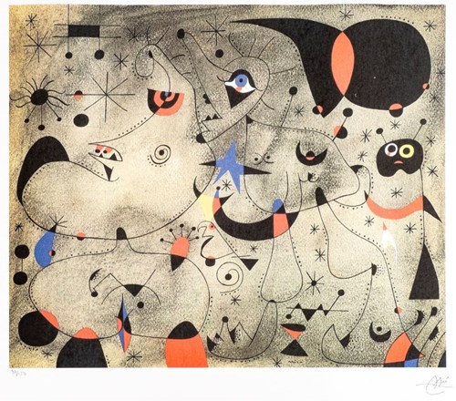 Grafika do salonu artysty Joan Miro pod tytułem Consolellation (24 z 150), l. 80 XX w., S.P.A.D.E.M. Paris