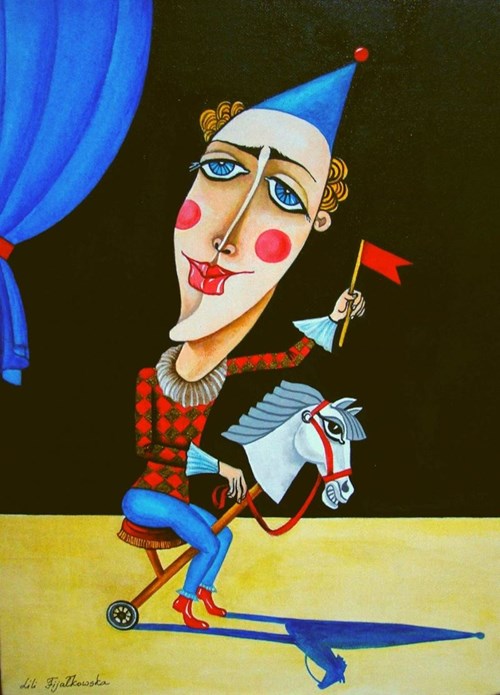 Living room painting by Lili Fijałkowska titled Clown on Horse