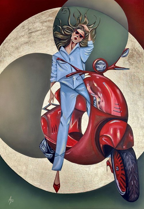 Living room painting by Anna Szelągowska titled Red scooter