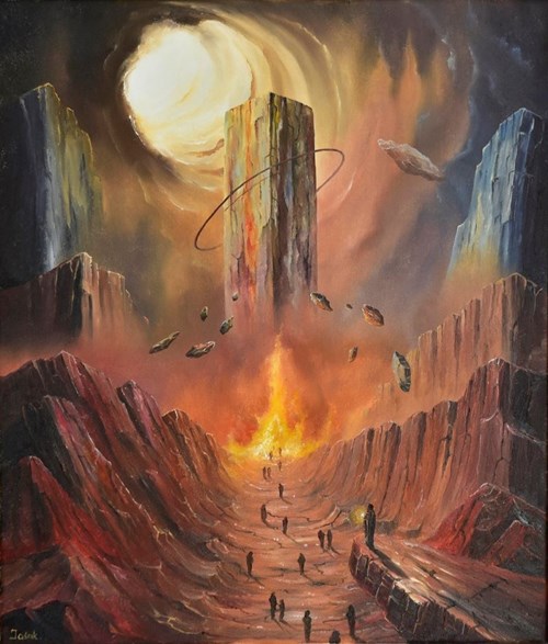 Living room painting by Grzegorz Jaśnikowski titled Tower of Destiny