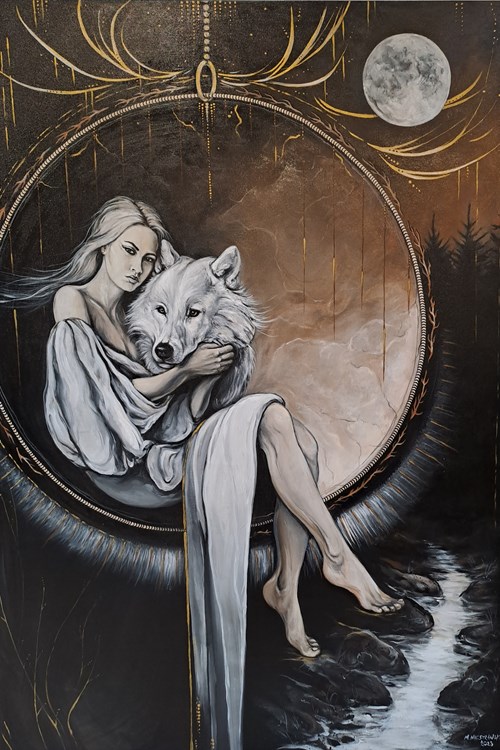Living room painting by Monika Niestrawska titled Queen of Wolves