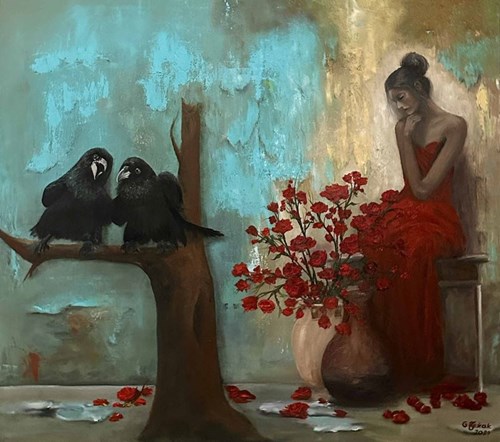 Living room painting by Grażyna Jeżak titled The girl and the ravens