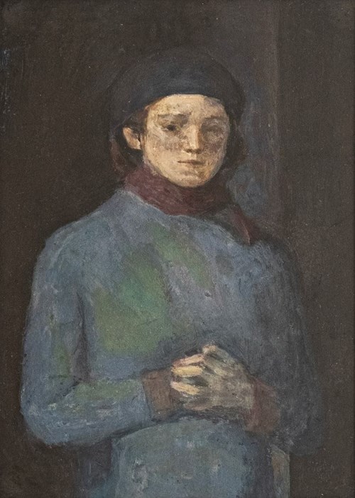 Obraz do salonu artysty Aleksandra Waliszewska pod tytułem Portret kobiety w błękitnym płaszczu i berecie