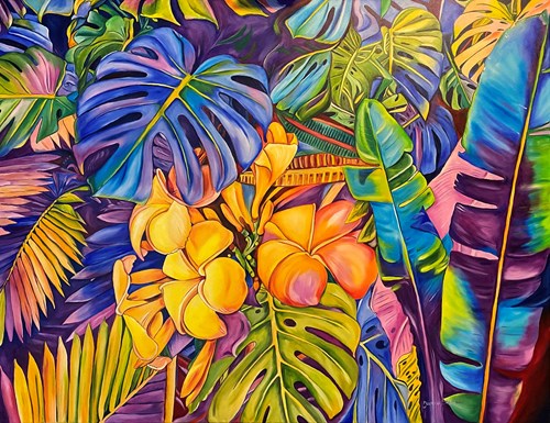Living room painting by Joanna Szumska titled In plumeria shadow