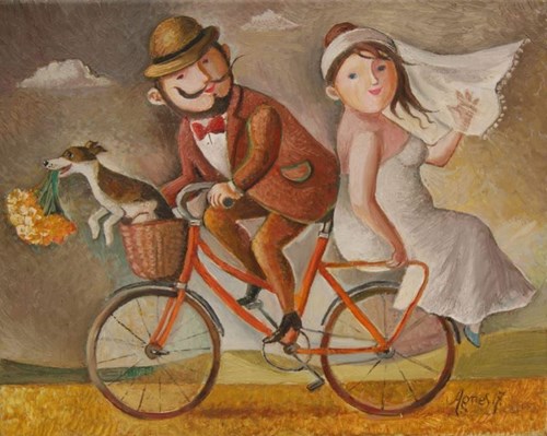 Living room painting by Agnieszka Korczak-Ostrowska titled Bicycle to the altar