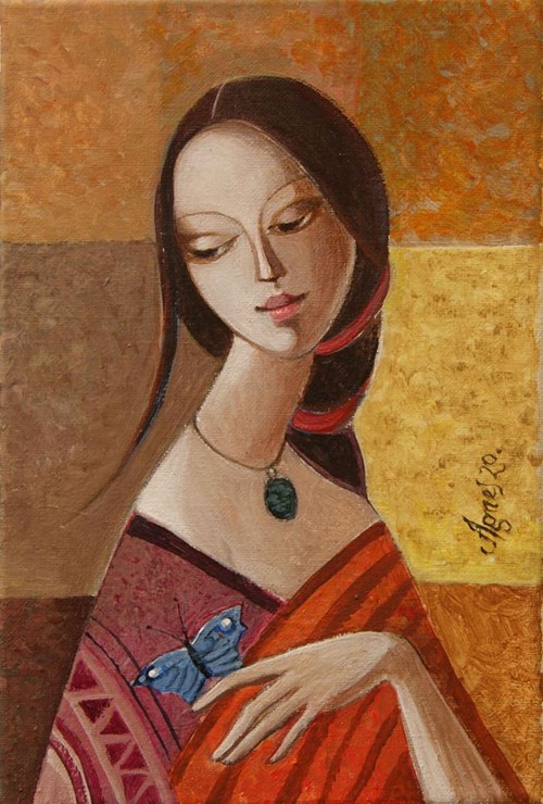 Living room painting by Agnieszka Korczak-Ostrowska titled Girl with a butterfly