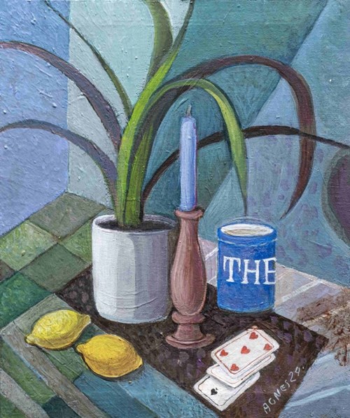 Living room painting by Agnieszka Korczak-Ostrowska titled Still life with lemons and a plant