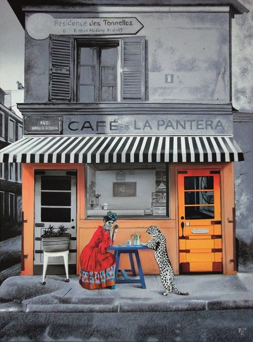Living room painting by Agnieszka Korczak-Ostrowska titled Cafe La Pantera