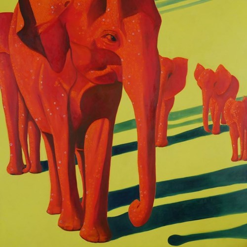 Living room painting by Jolanta Kitowska titled Red Elephants from Tsavo 2
