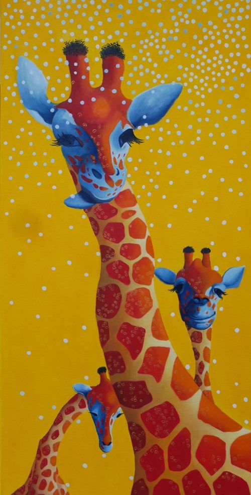 Living room painting by Jolanta Kitowska titled Miss Giraffes